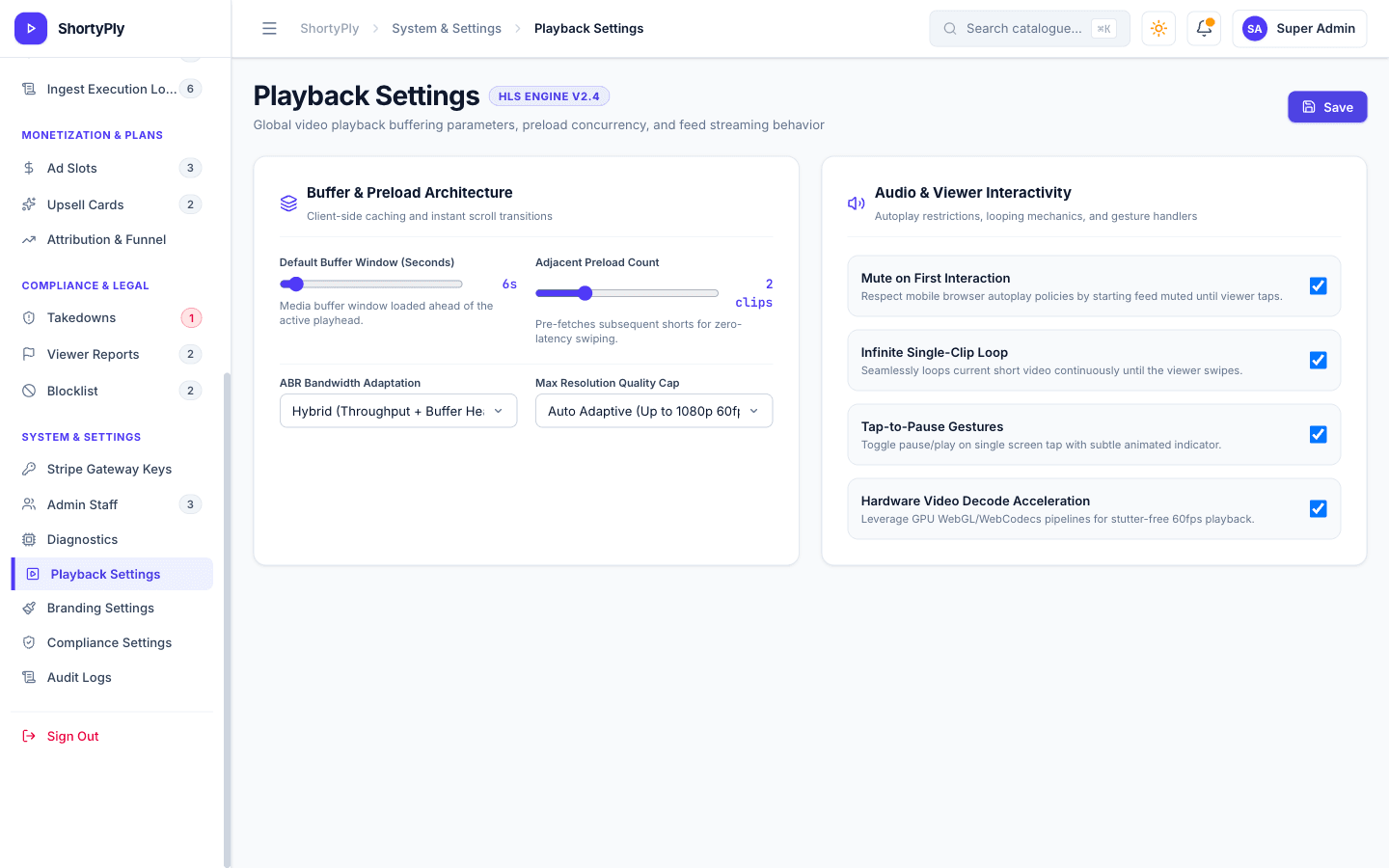 Playback settings: buffer window, preload count and ABR policy