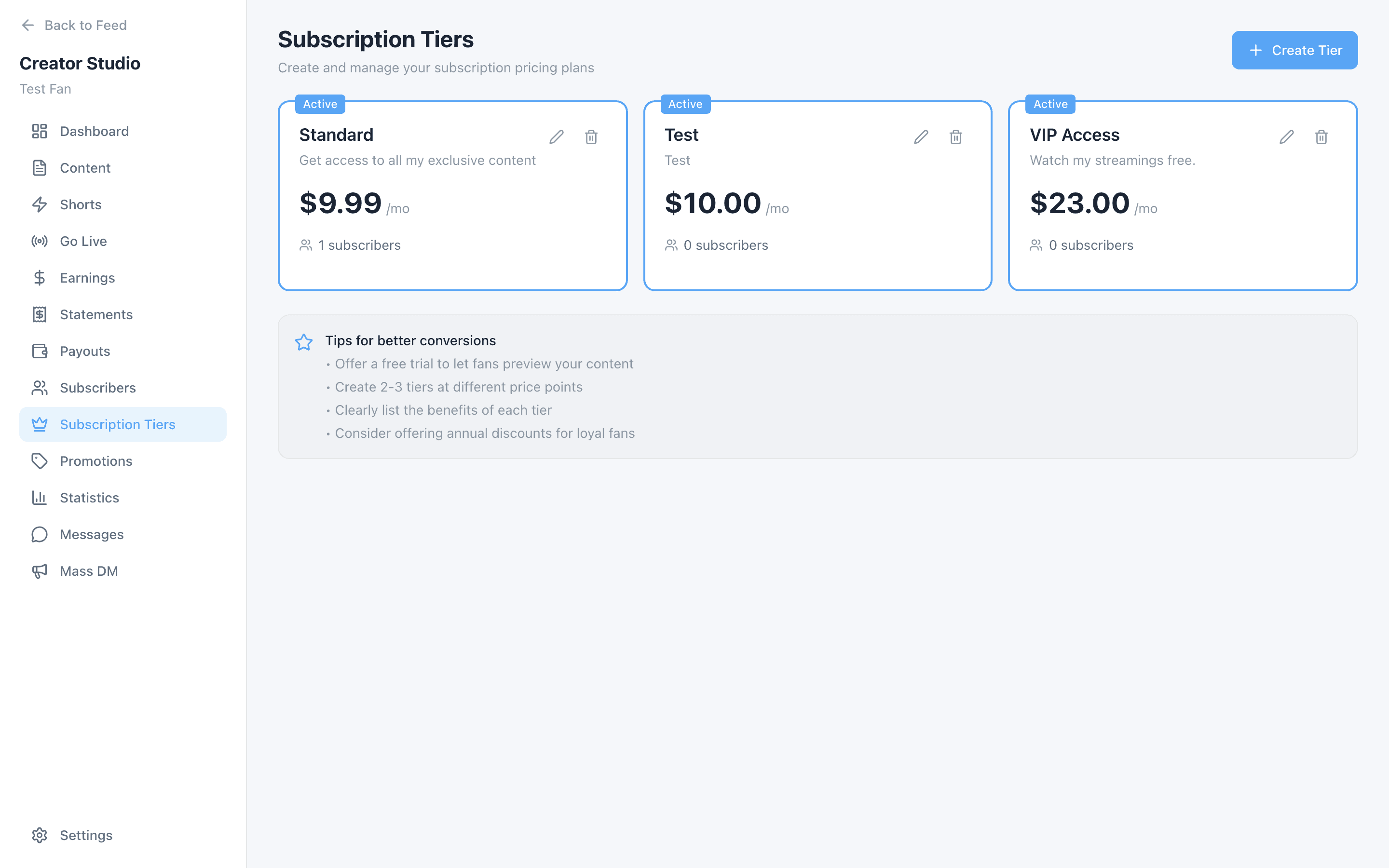 Subscription tiers with pricing and benefits
