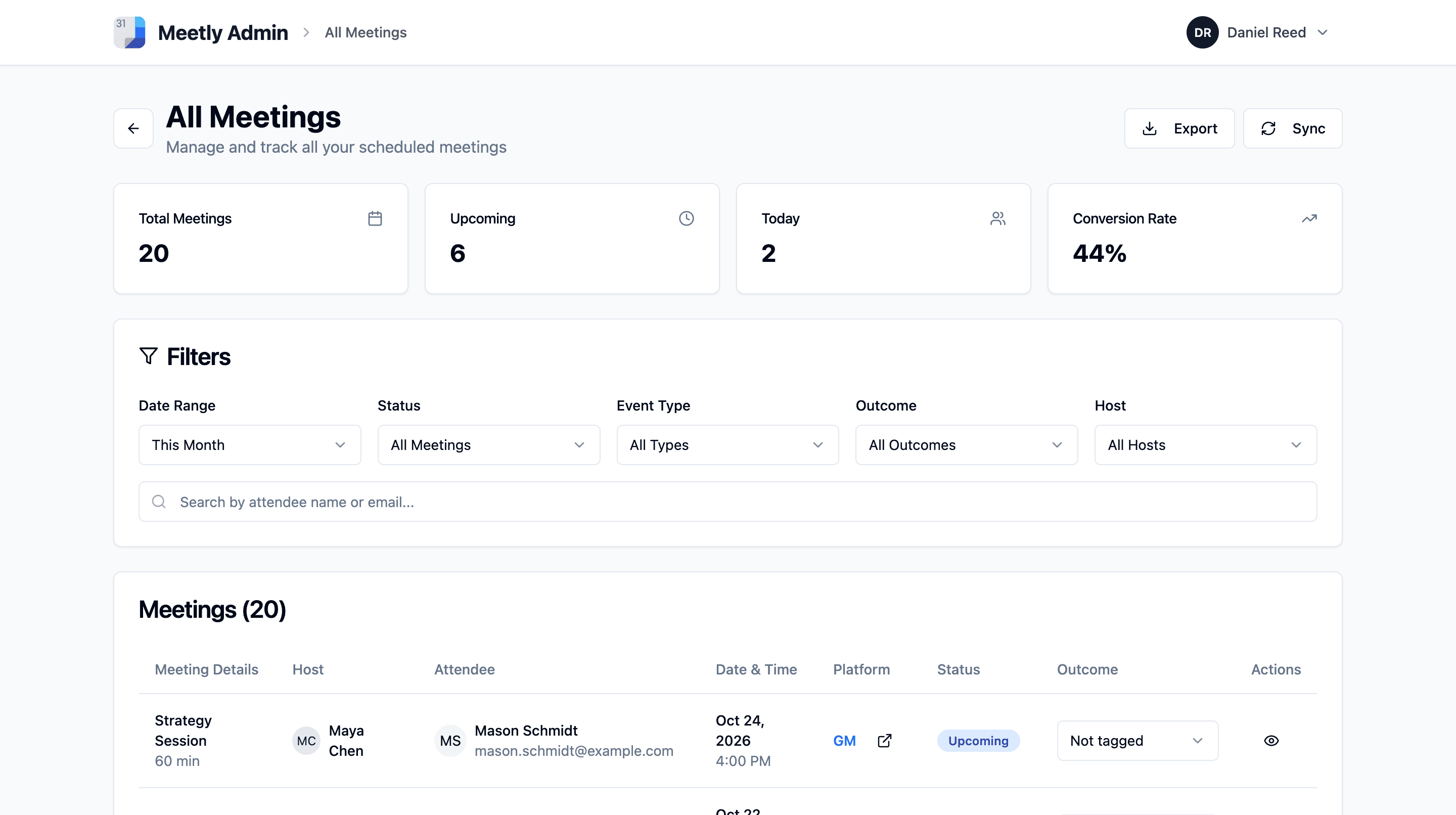 All meetings with totals, conversion rate and filters