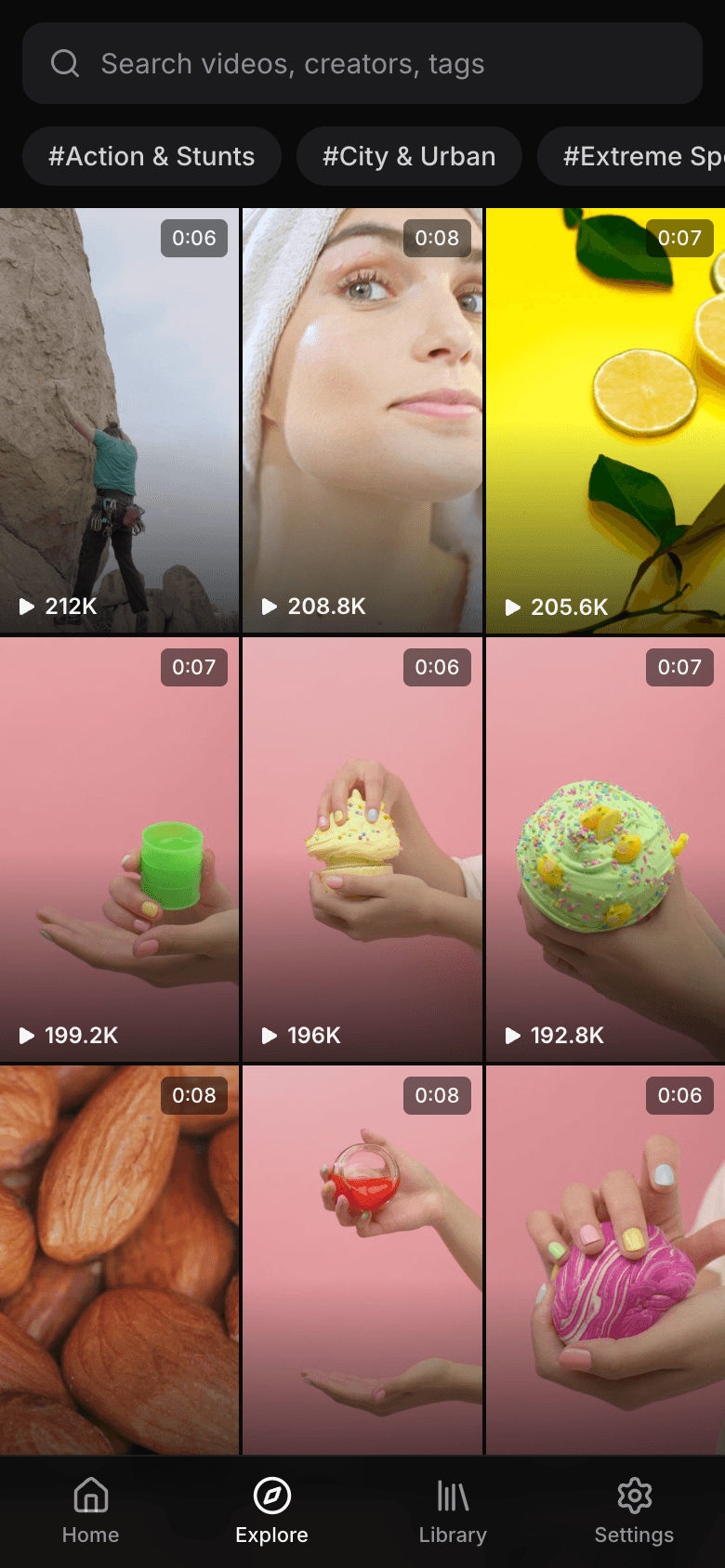 Explore: search and browse clips by category and tag