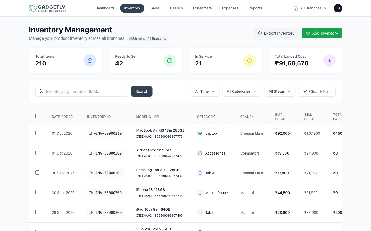 Inventory management with IMEI tracking and status (ready, reserved, service, sold)