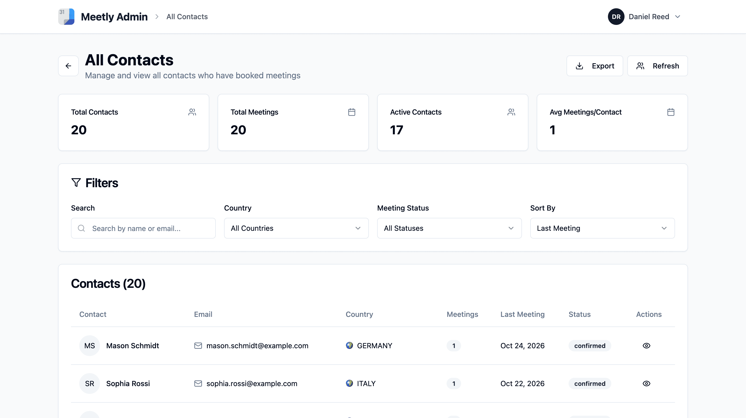 Contacts built from bookings, with country filter and CSV export