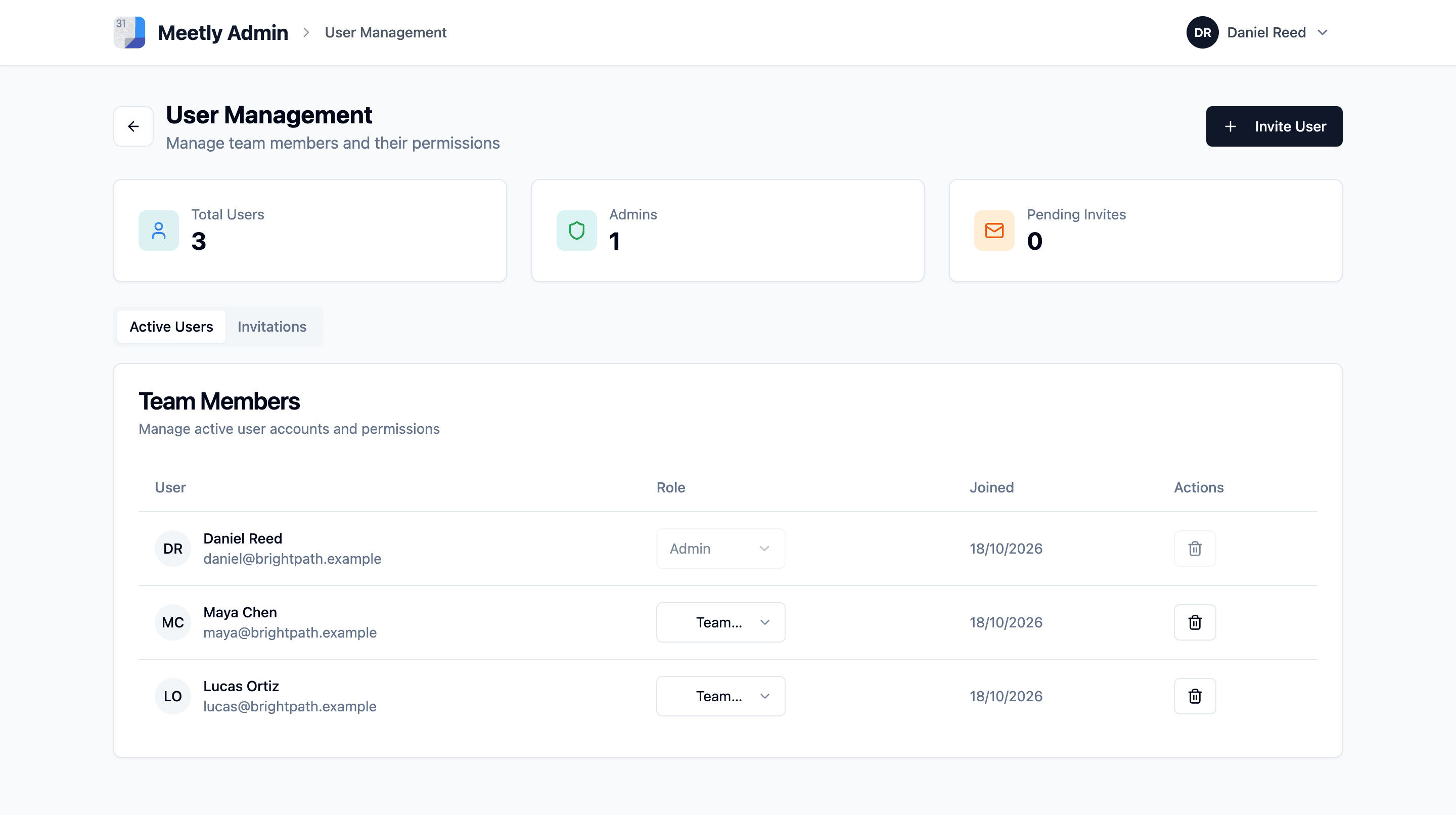 User management with roles and email invitations