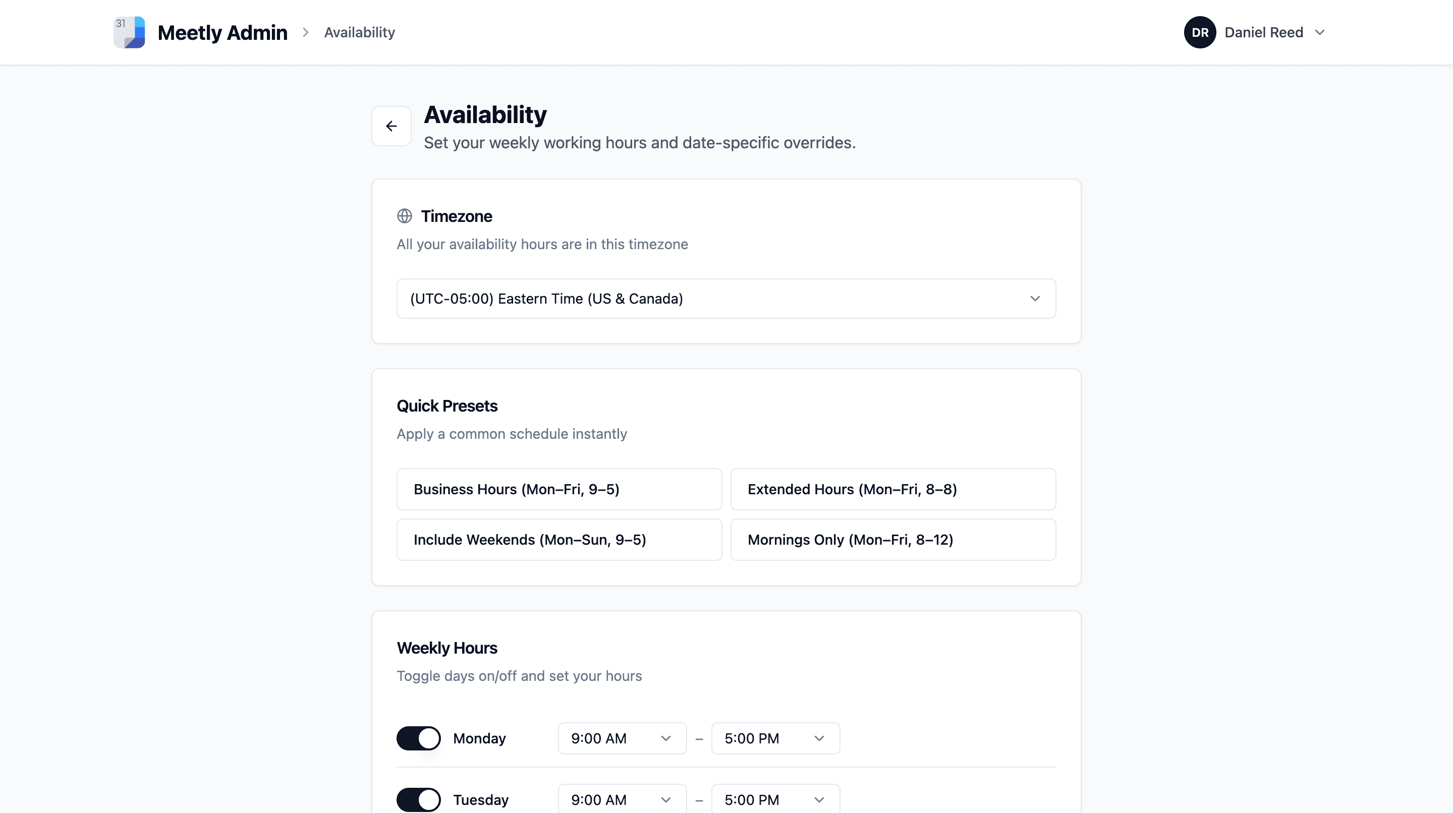 Availability: weekly hours, quick presets and date overrides