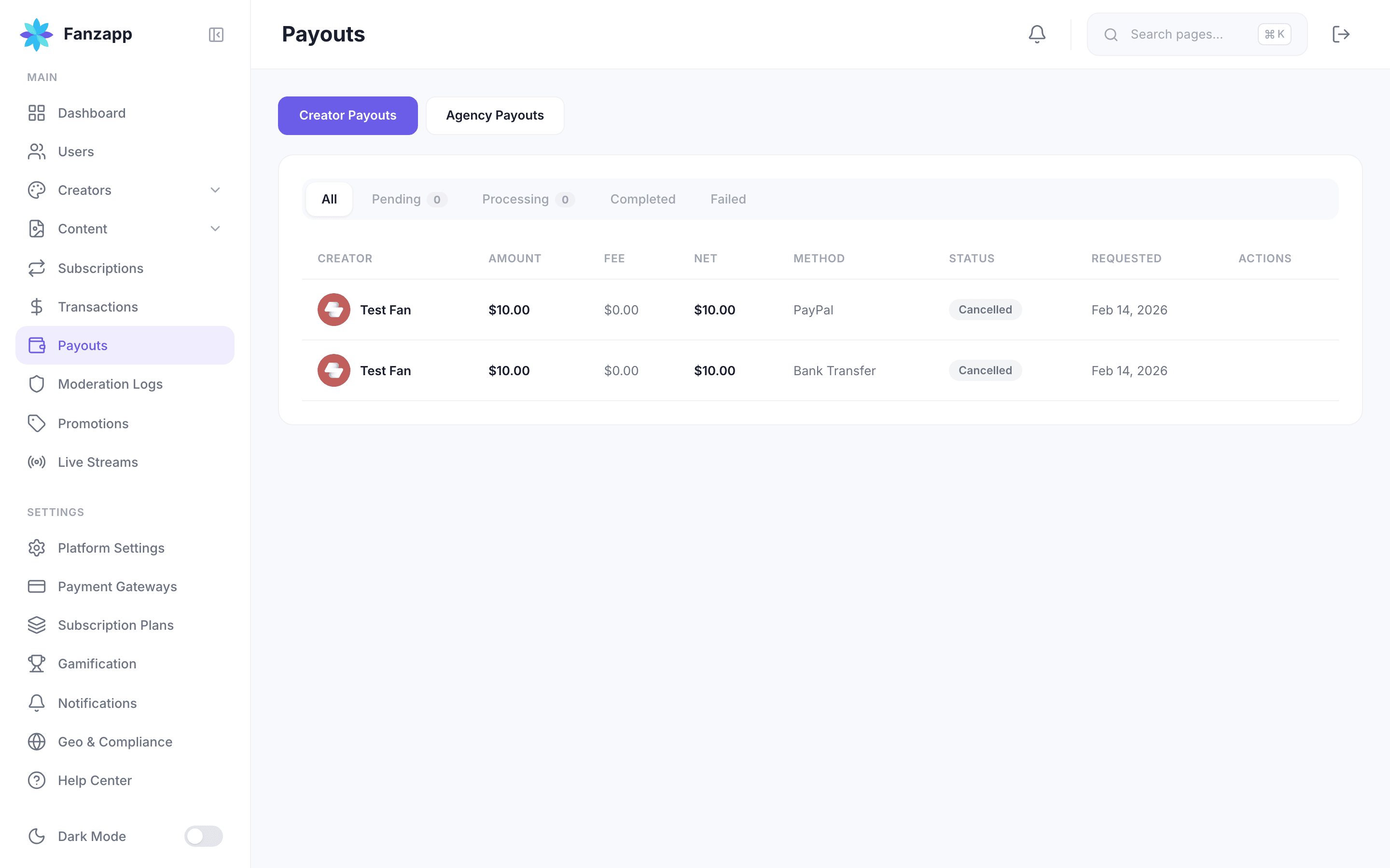 Creator and agency payout queue