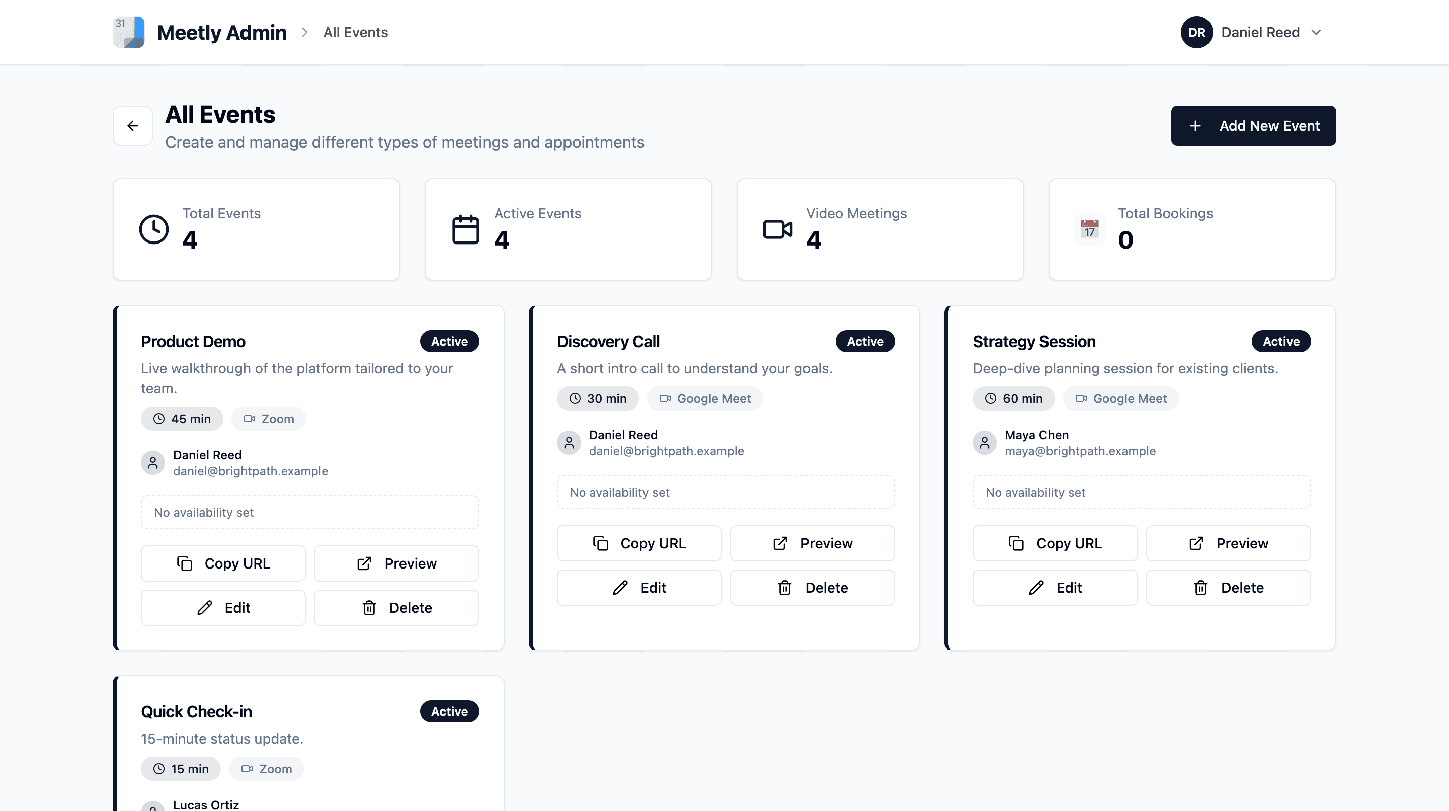 Event types with duration, meeting platform and shareable booking URL