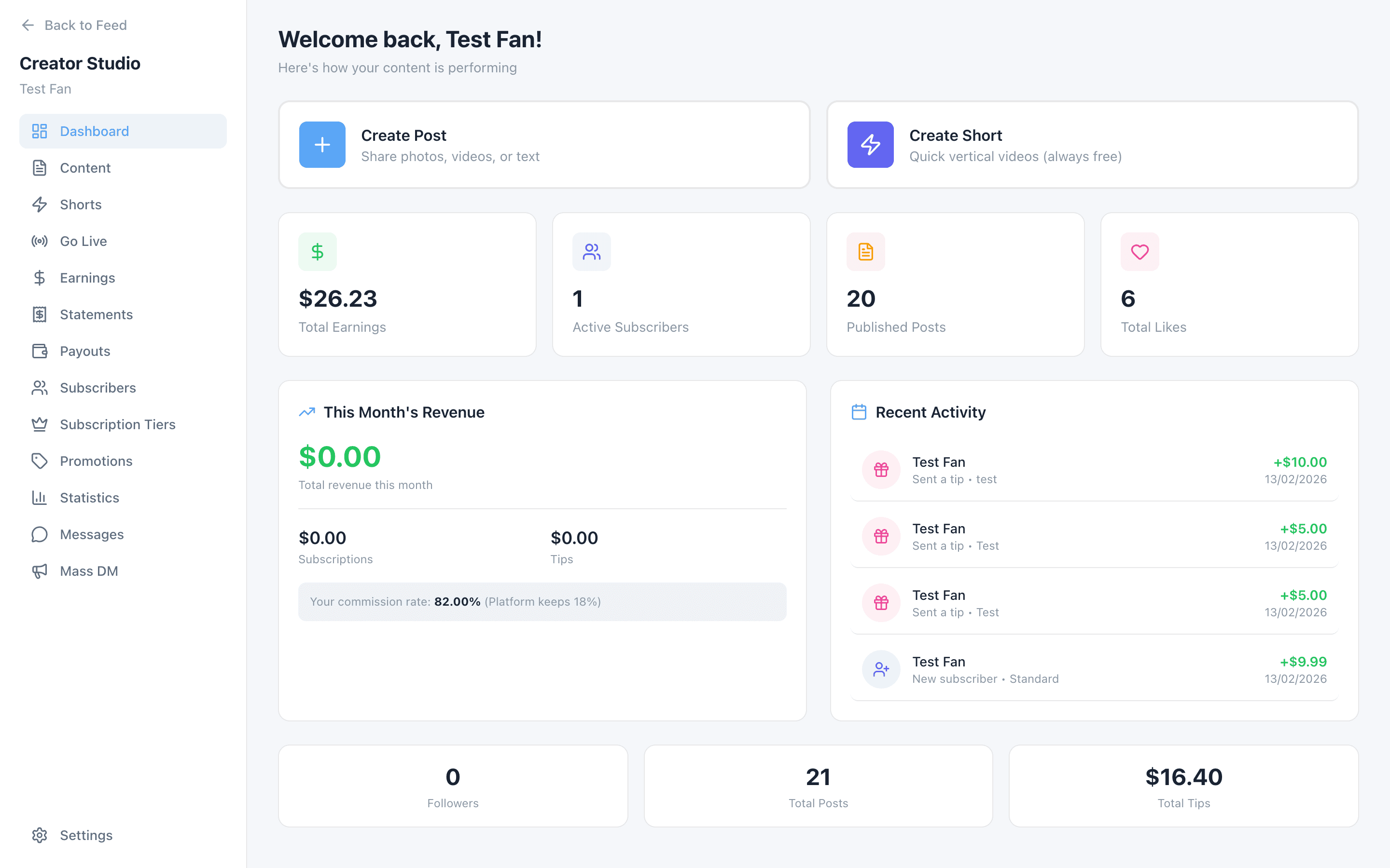 Creator Studio dashboard: earnings, subscribers, posts and recent activity