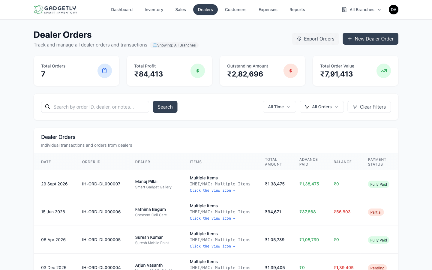 Dealer sales with advance and pending payment tracking