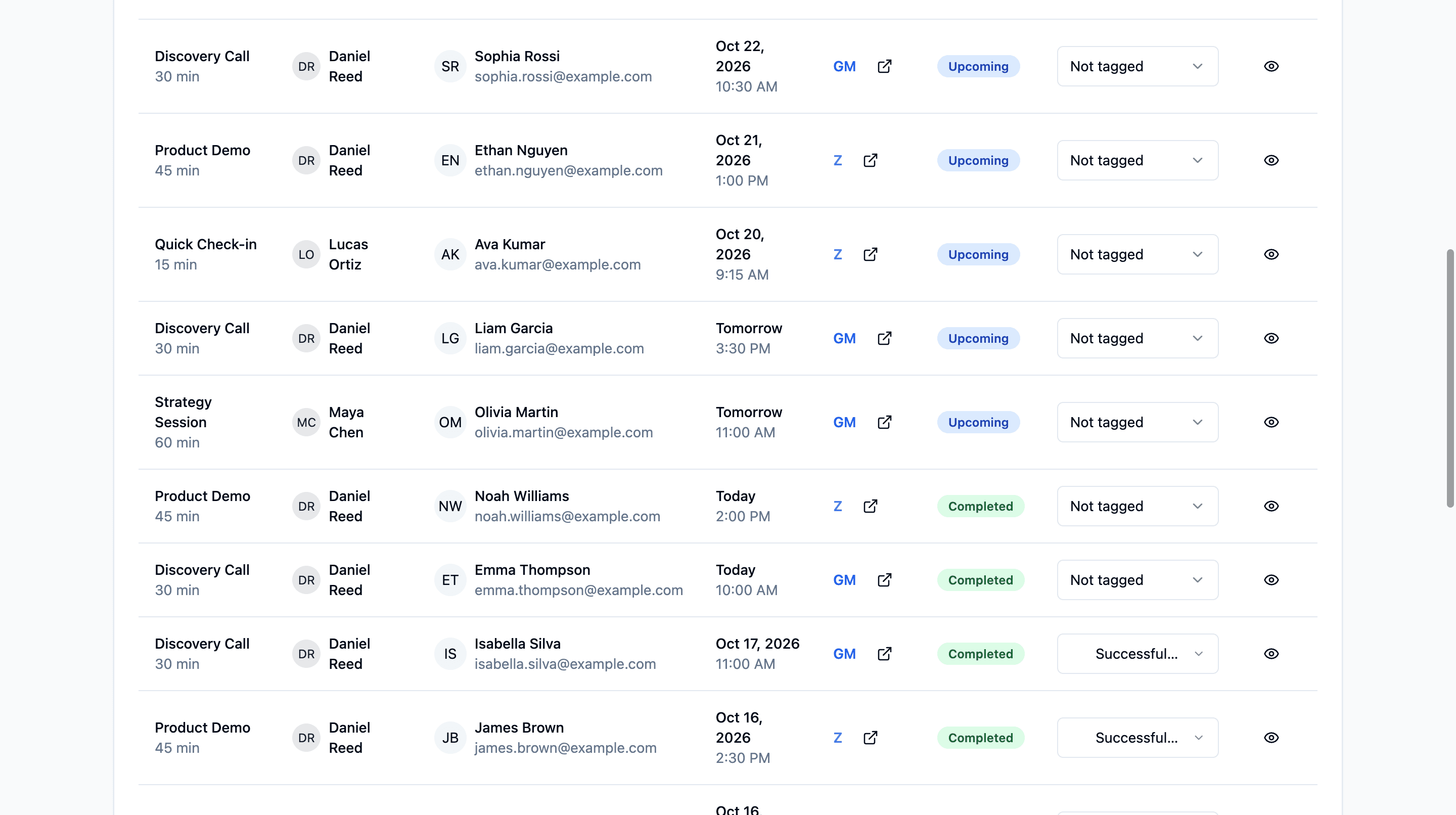 Meeting list with host, attendee, platform, status and outcome