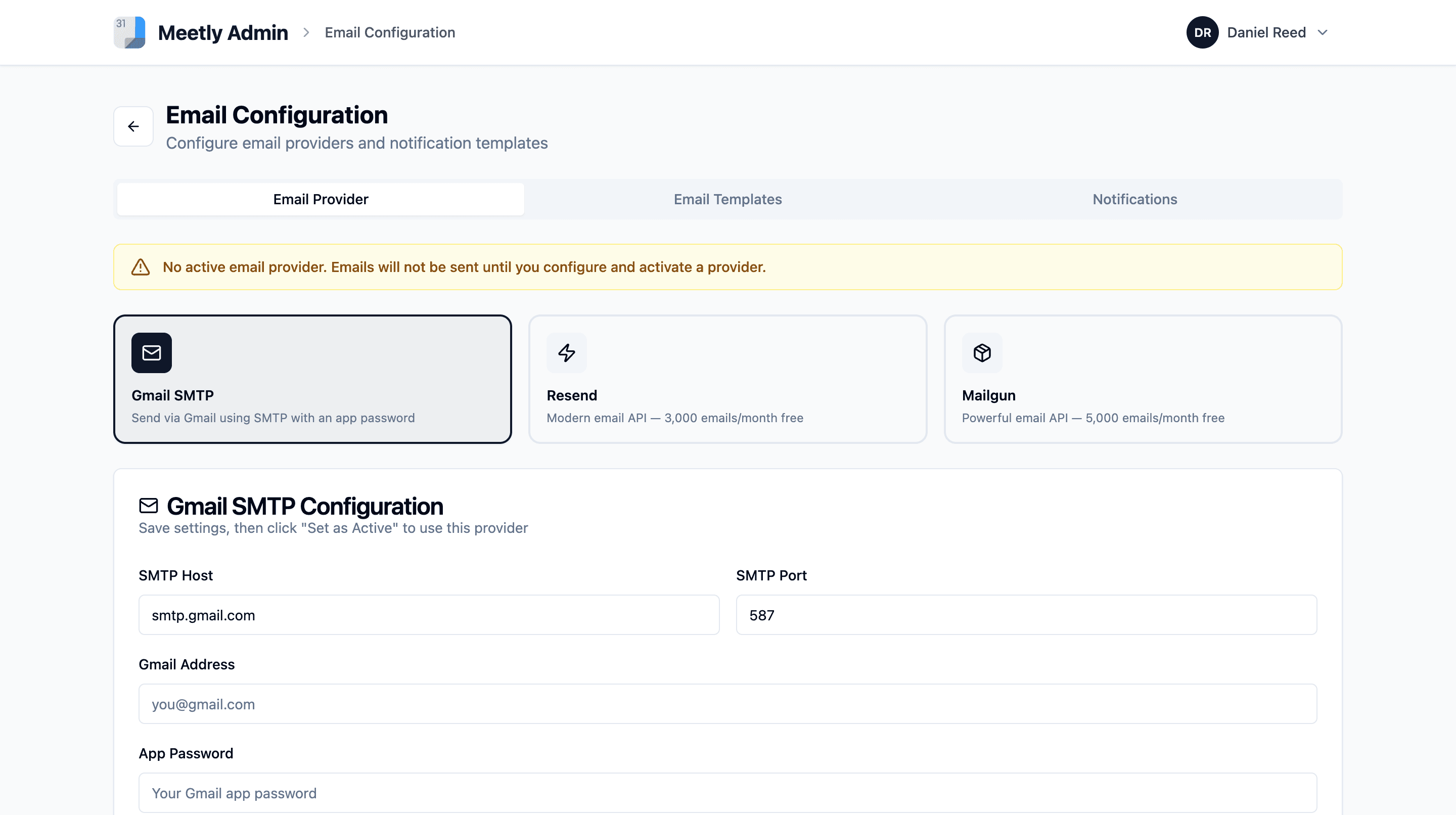 Email provider setup: Gmail SMTP, Resend or Mailgun