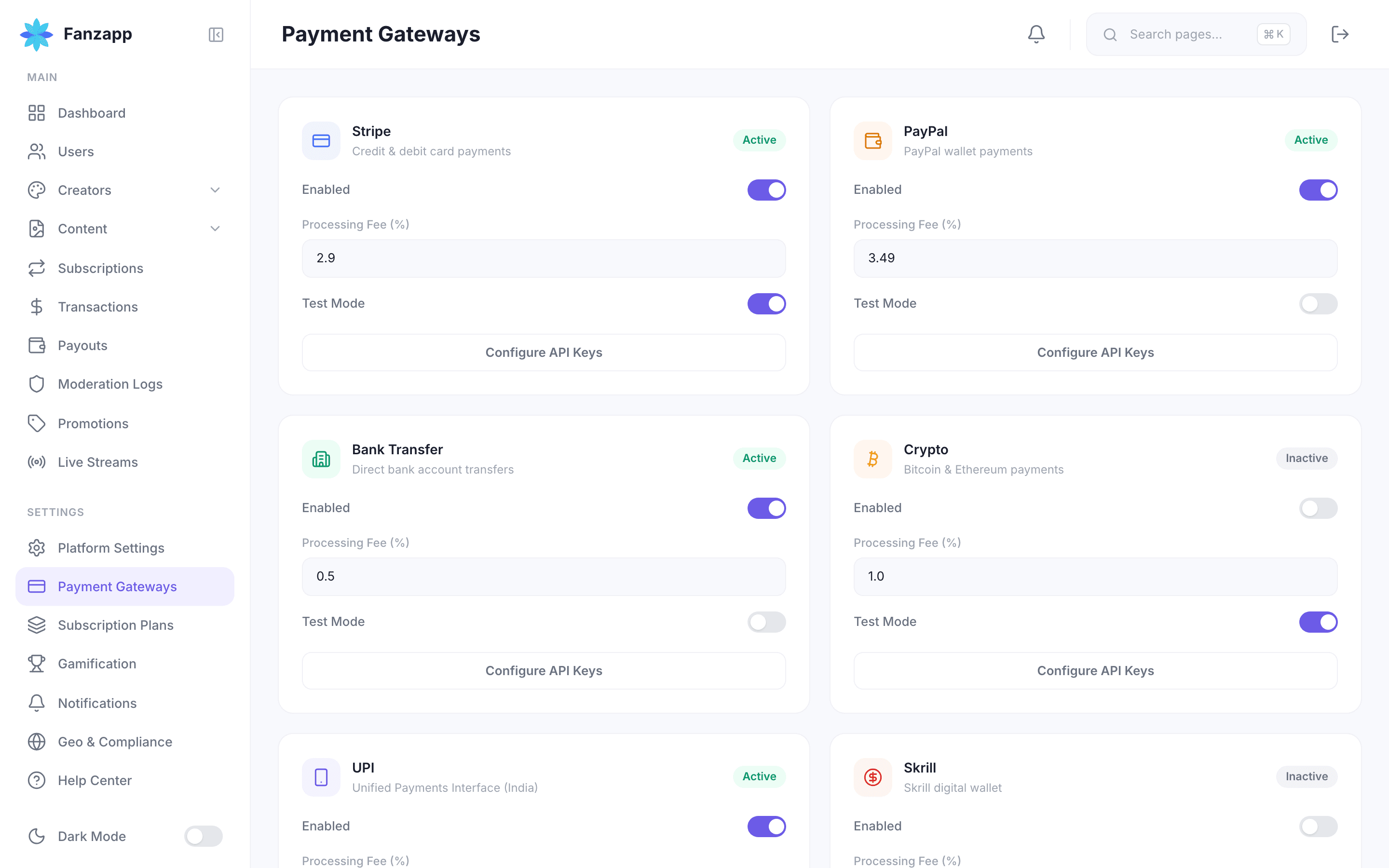 Payment gateway settings