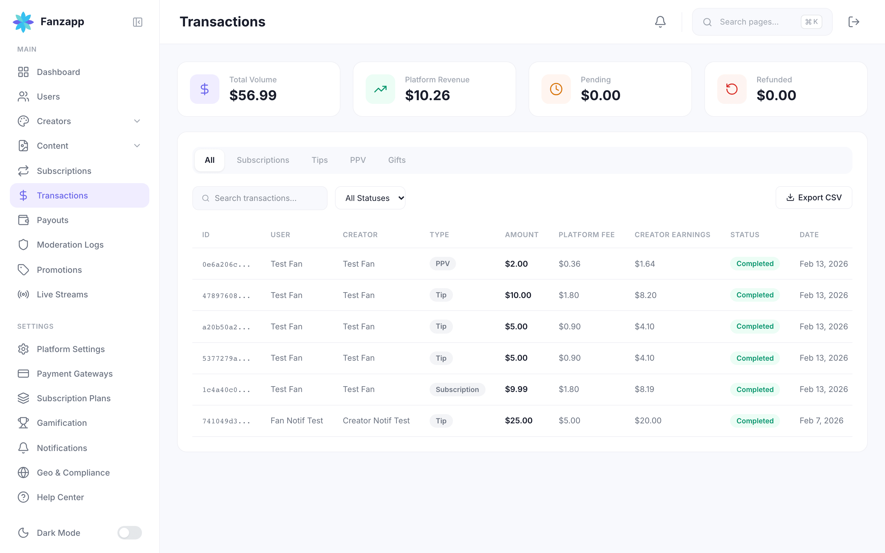 Transactions with platform fee and creator earnings, CSV export