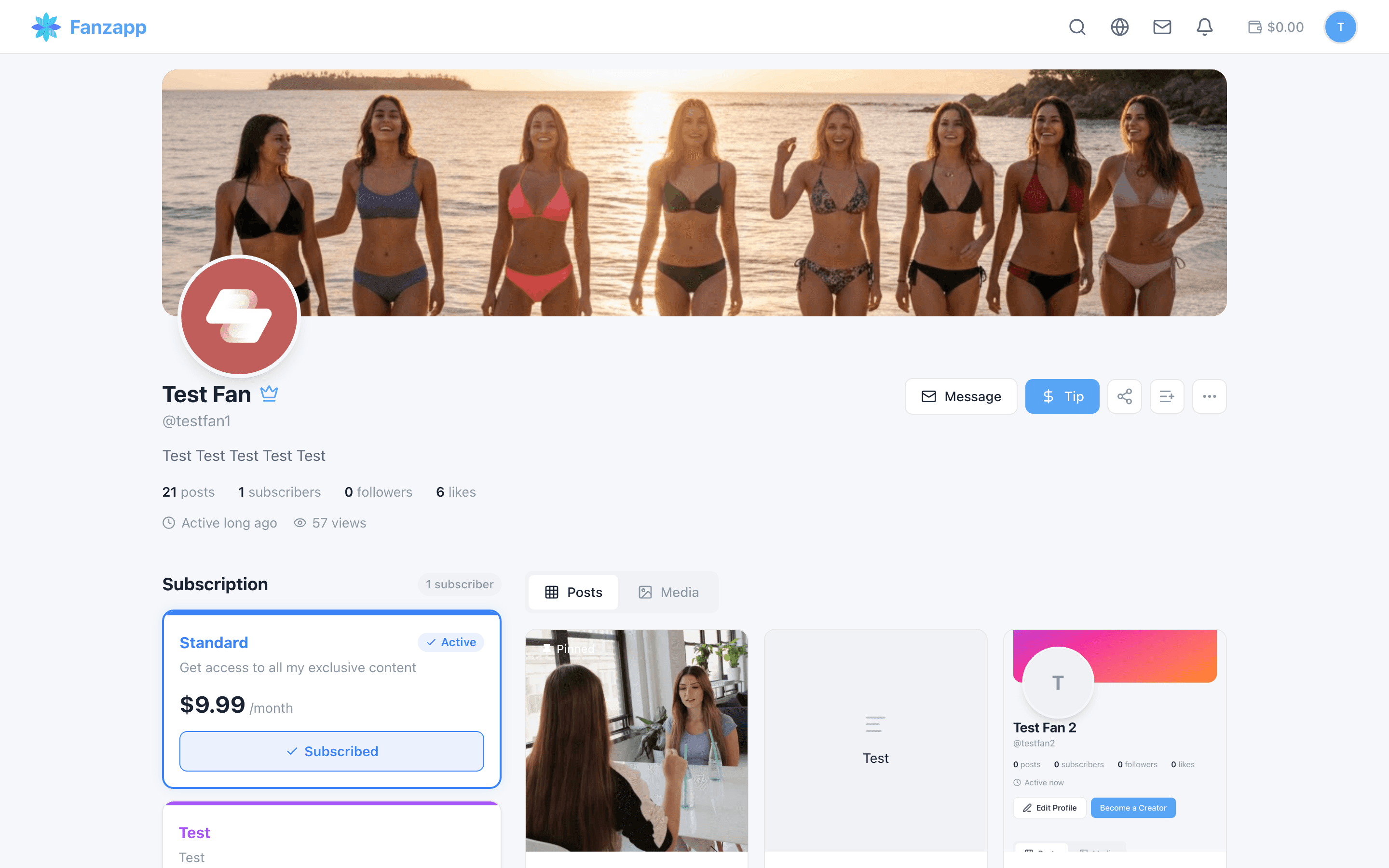 Creator profile with subscription tiers, tips and messaging