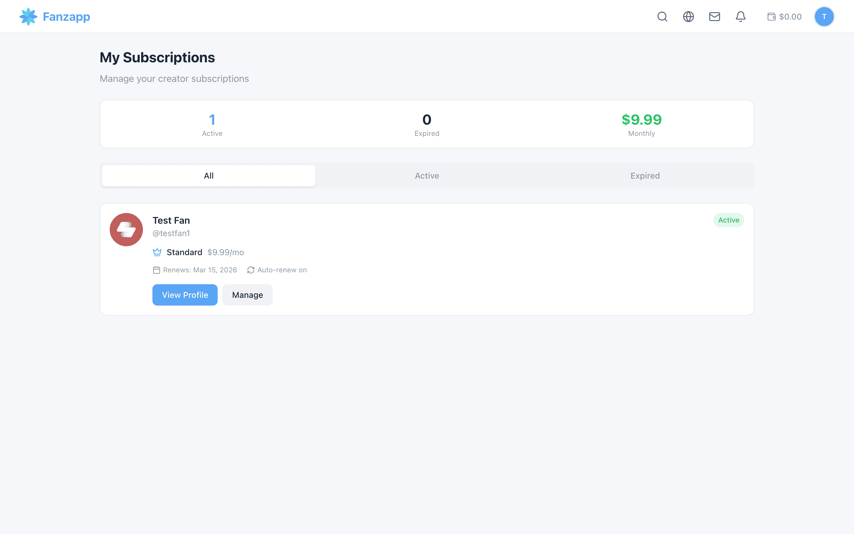 Fan subscriptions with renewal dates and monthly spend