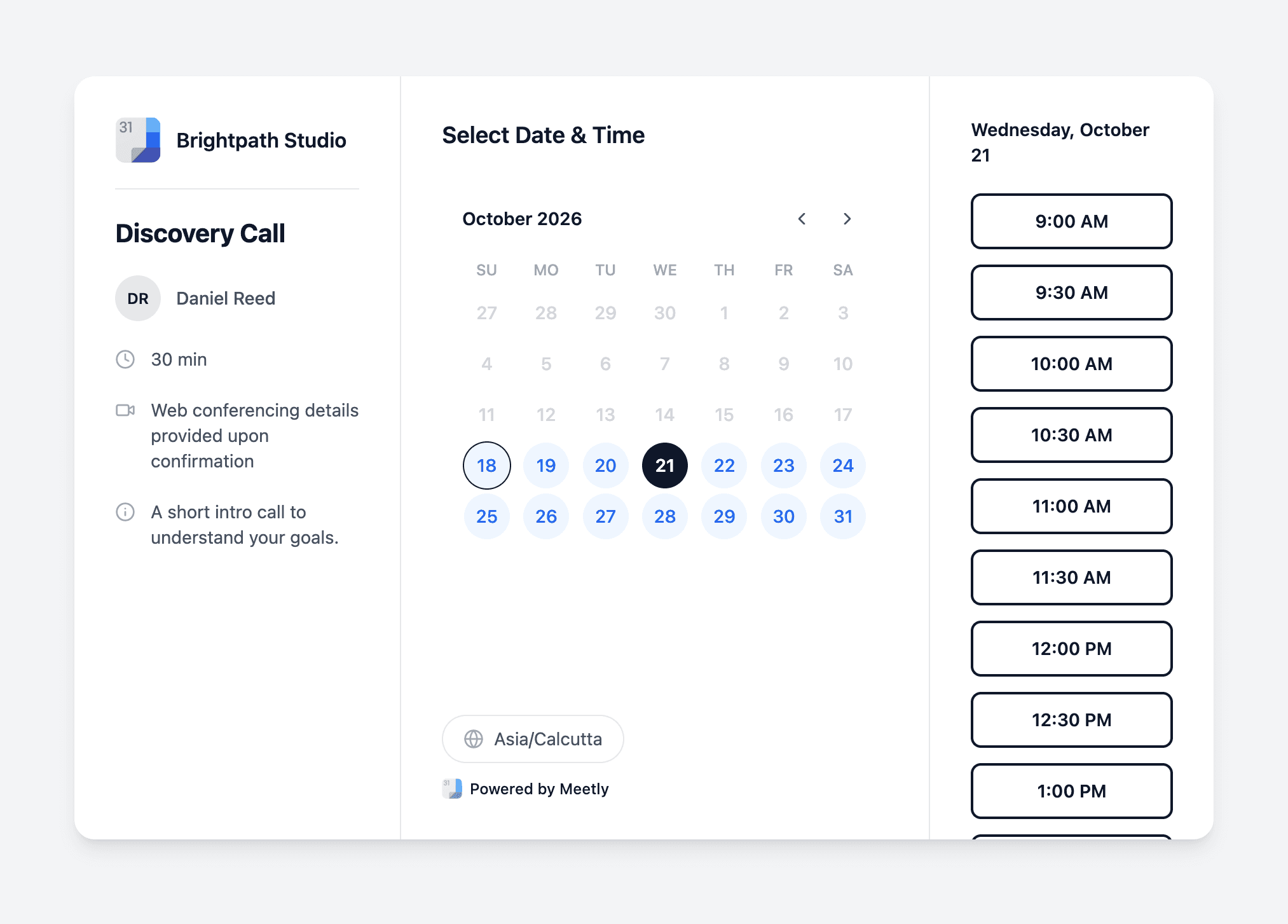 Public booking page: guests pick a date and an open time slot
