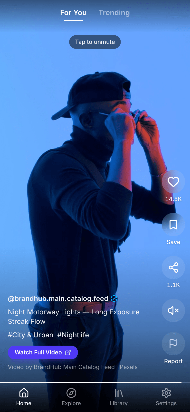 Full-screen swipe feed with like, save, share and a Watch Full Video call-to-action